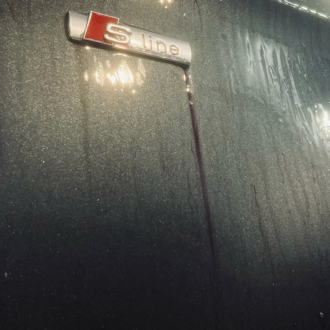 Emblema S line de un Audi con gotas y restos de contaminación en la pintura durante el descontaminado
