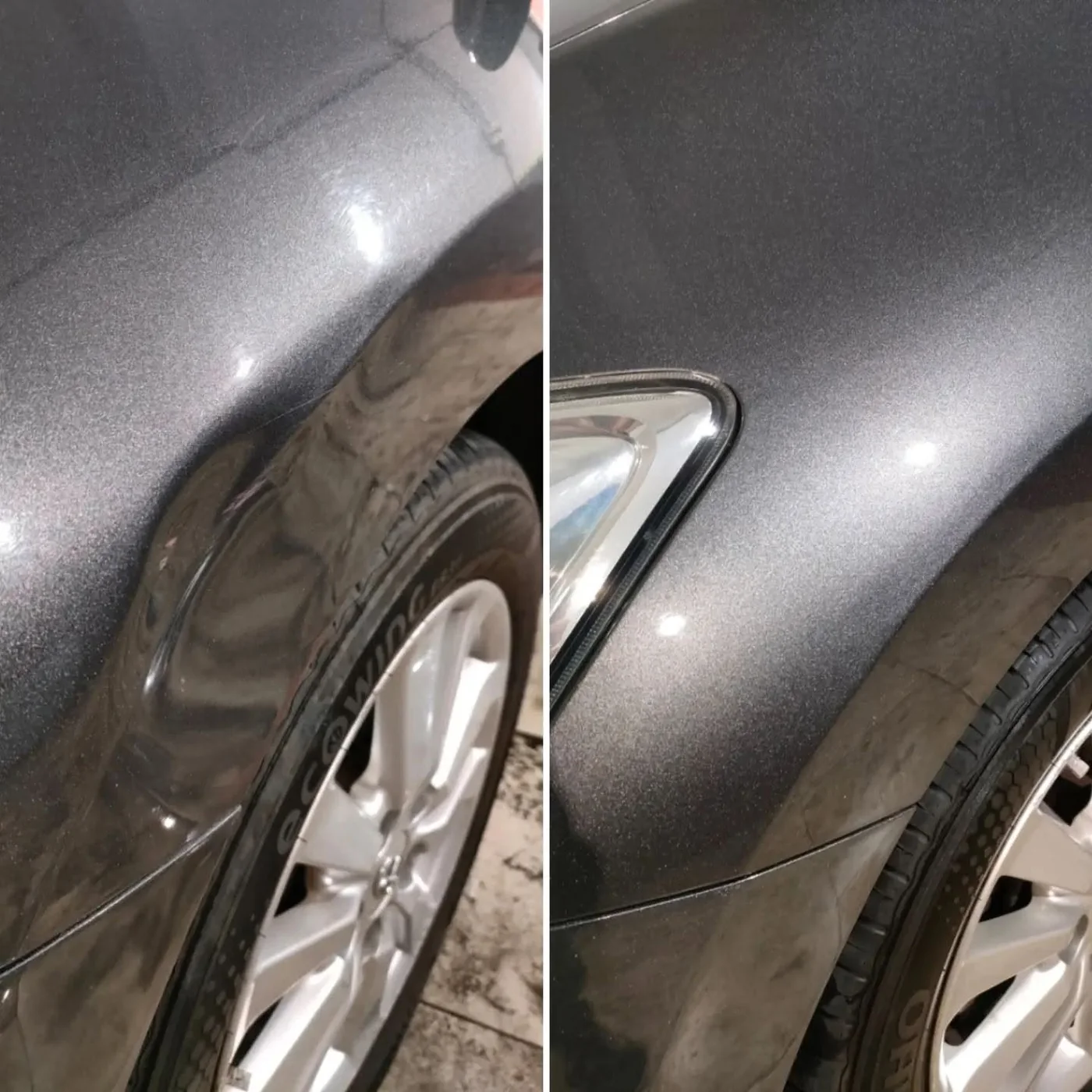 Antes y después de reparación de abolladura en aleta sin pintar mediante varillero en Asturias
