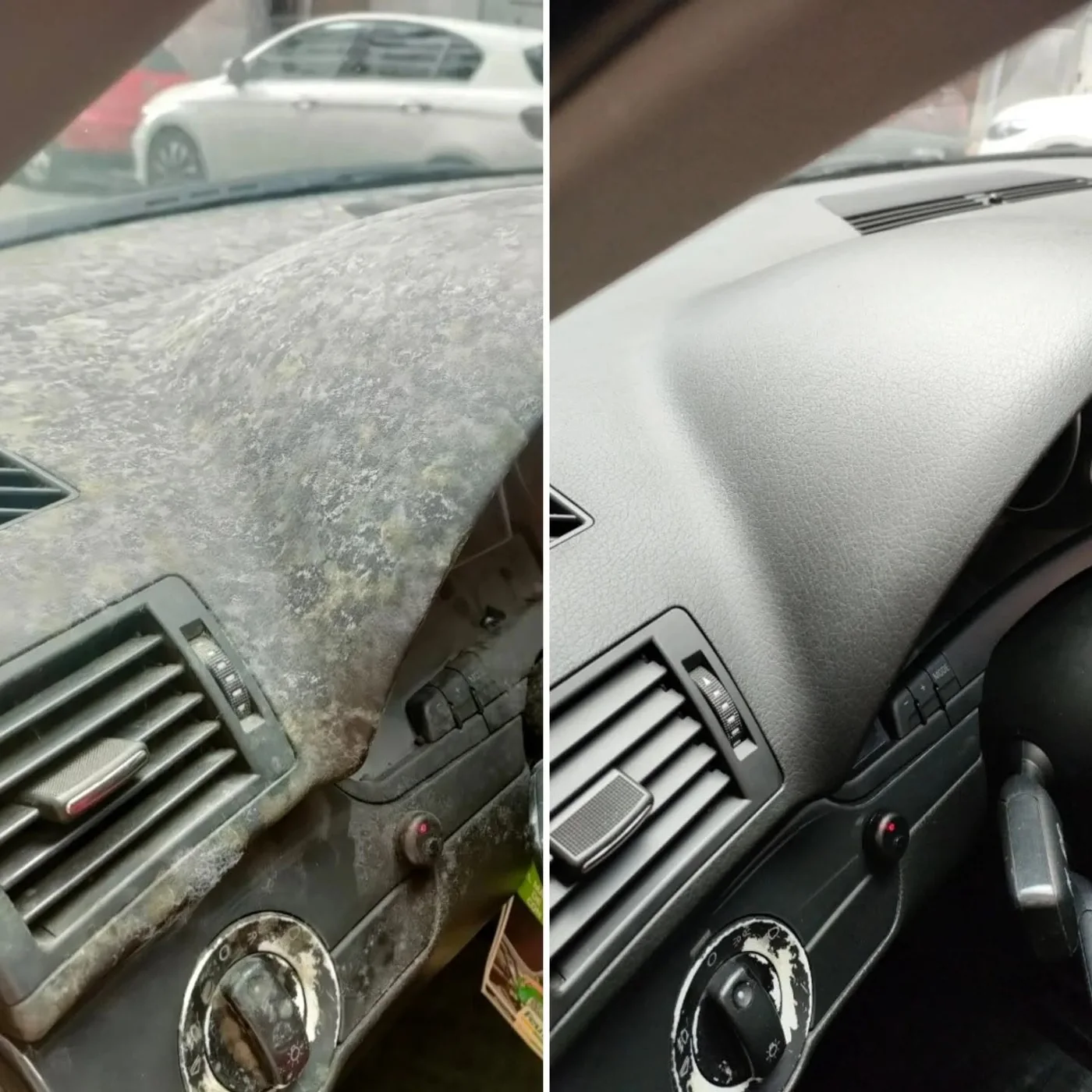 Antes y después de limpieza de suciedad intensa y acondicionado de plásticos de salpicadero