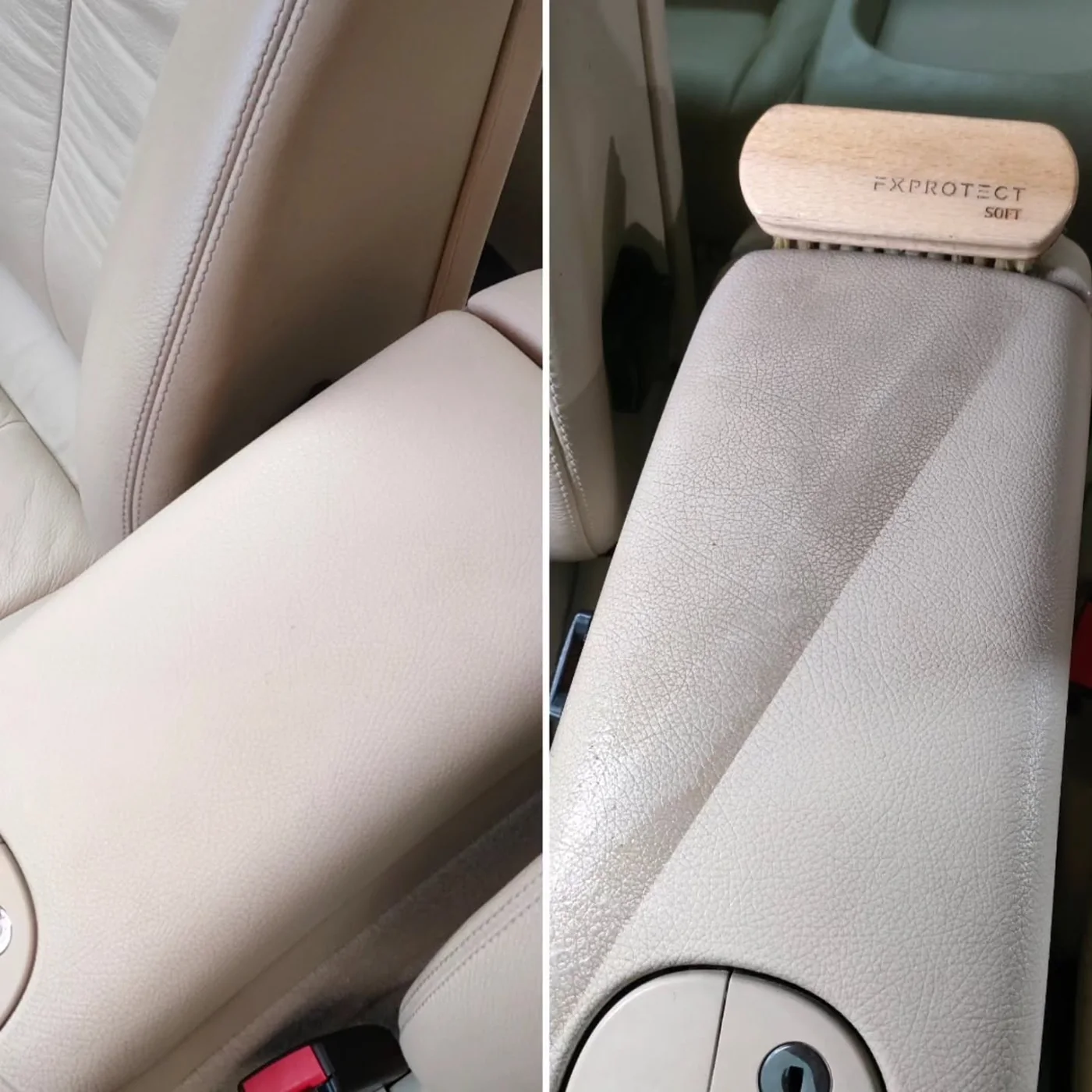 Antes y después de la limpieza de la tapicería de piel beige de un reposabrazos con cepillo FX Protect Soft