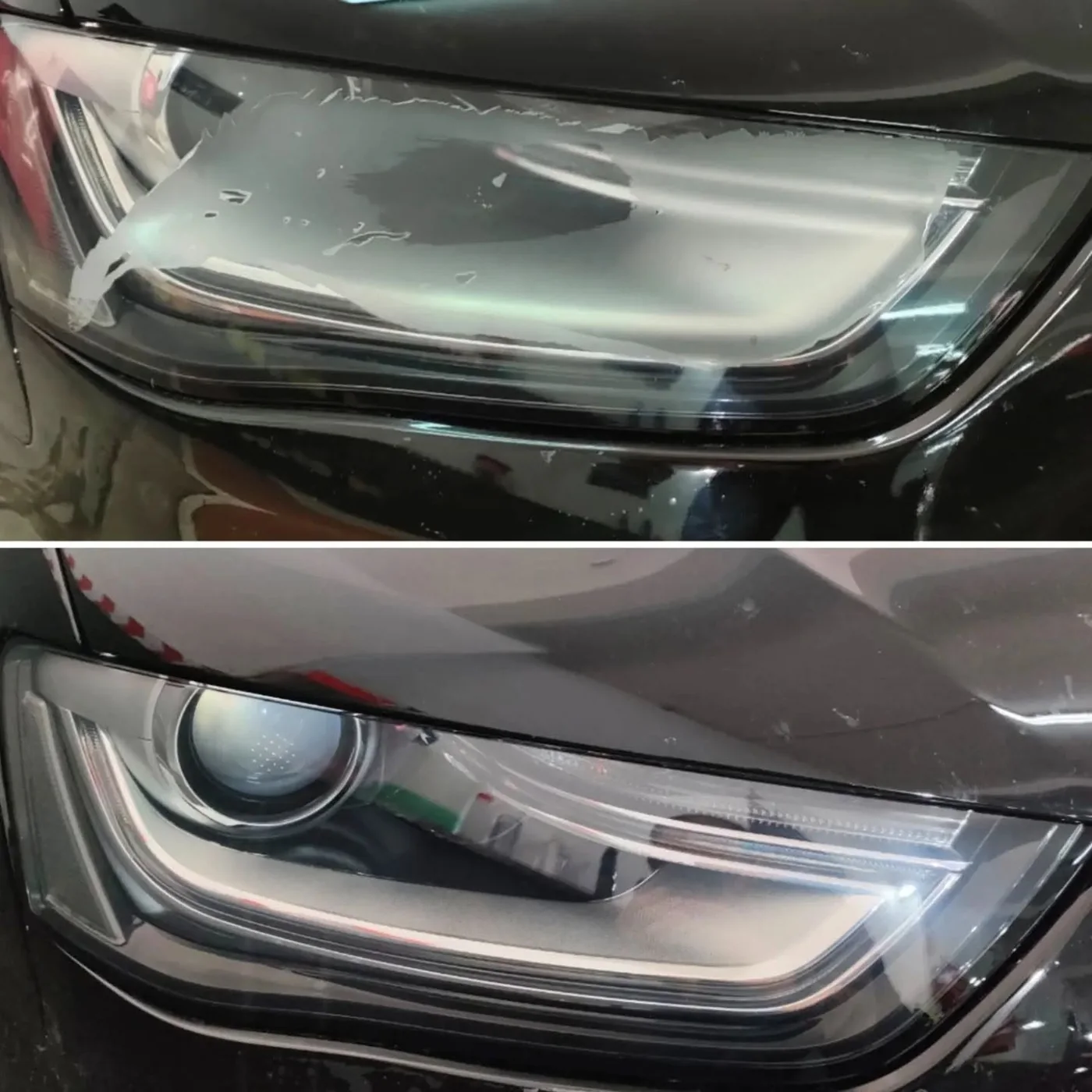 Antes y después de pulido y restauración de faros amarillentos para pasar la ITV en Oviedo